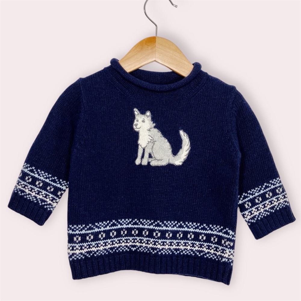 NWT Janie and Jack‎ holiday sweater wool blend navy blue w/ wolf 6-12 months